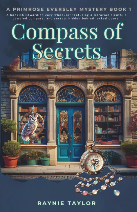 Book cover featuring an old bookshop, an owl and a jeweled compass